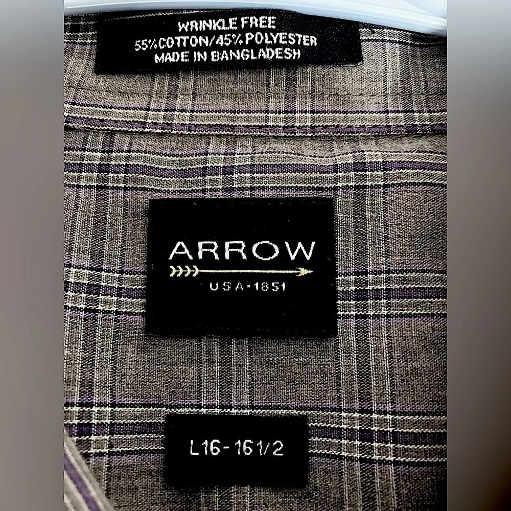 Wrinkle Free Long Sleeve Men’s Dress Shirt, L 16-16 1/2, Gray Plaid, by Arrow